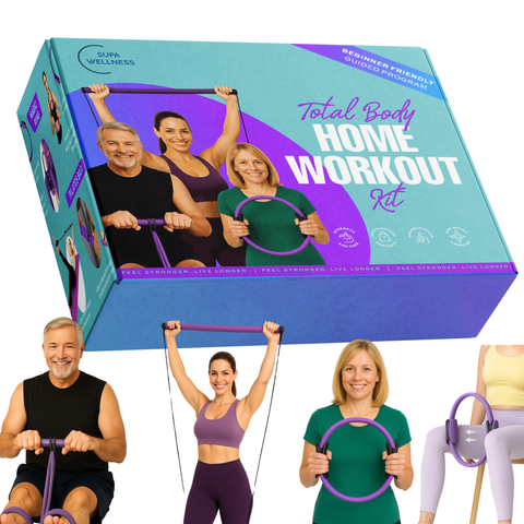 Total Body Home Workout Kit packaging with images of people exercising and a blue and purple color scheme.